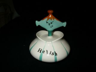 Vintage 1959 Holt Howard Pixieware Ceramic RELISH Jar & Spoon 2