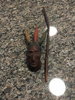 Vintage Carved Wood Indian Chief Head Smoking Pipe Tobacco Figure And Stick