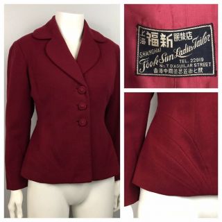 1940s Blazer Suit Jacket / Burgundy Button Up Wool Jacket Art Deco / Women’s Xs