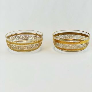 St.  Louis Vintage Gold Gilt Etched Crystal Finger Bowls Set Of 2 Scroll Pattern