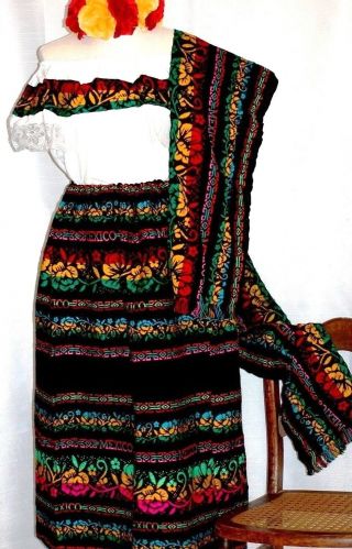 5 De Mayo Mexican Maxi Dress 3 Pc Black/multicolor Sash Off Shoulder " Mexico "