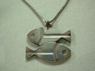 Mid - Century Sterling Silver Pisces Zodiac Fish Pendant Necklace W " S " Hallmark