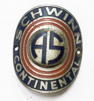 Vintage Prewar Schwinn As Continental Bicycle Head Badge Tag Emblem