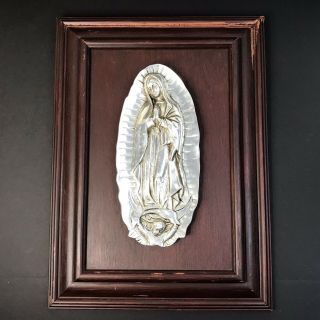 Virgin Mary Lady Of Guadalupe Wall Plaque Wood Frame Metal Art Vtg Antique 24”
