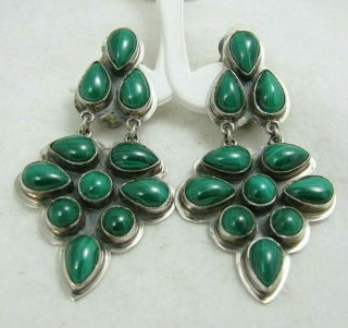 Vintage Navajo Roie Jaque Green Malachite Sterling Silver 2 1/8 " Dangle Earrings