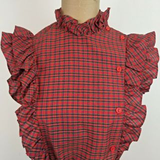 Vintage 80s Sleeveless Plaid Prairie Dress Xs/s Red Green Ruffle Collar Trim