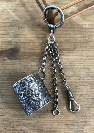 Antique Victorian Sterling Silver Pillbox Chatelaine Watch Chain Piece Fob