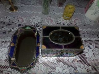 Vntg.  Jewelry Box Stained Glass W/ Vanity Tray Dazzled Iridescent Embossed