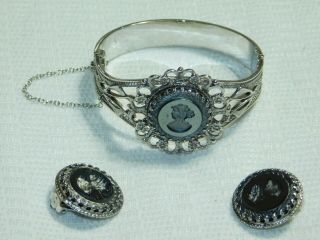 Rare Vintage Whiting & Davis Hematite Carved Cameo Bracelet Clip Earring Set