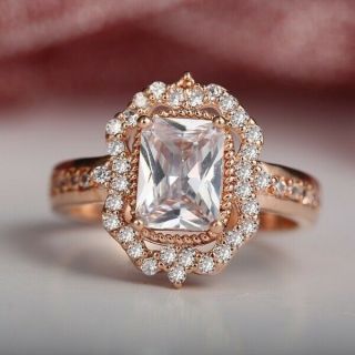2.  50 Ctw Fancy Emerald Cut Cz Halo Vintage Style Engagement Ring,  10k,  Rose Gold