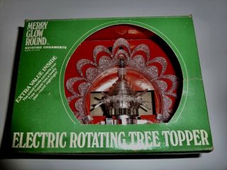 Vtg Merry Glow Round Electric Rotating Ornament Tree Topper Night Light & Box