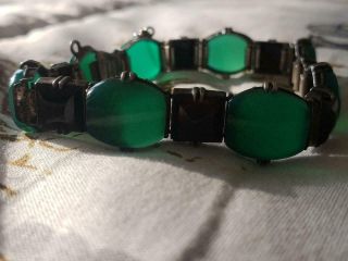 Art Deco Sterling Black Onyx And Green Chrysoprase Bracelet - Designer Signed