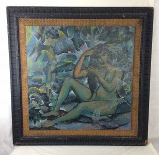 31” X 31” Vintage Painting On Wood/board Signed Fantasy Nude Tramp Art