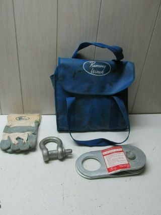 Ramsey Recovery Kit Heavy Duty Snatch Block Pulley D - Ring Bag Gloves Vintage
