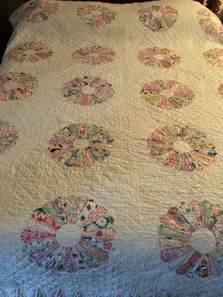 Vintage Cotton Hand & Machine Sewn Dresden Plate Patchwork Quilt 84” X 66”