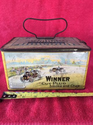 Vintage Winner Cut Plug Smoke Chew Lunch Pail Racing Tobacco Tin Can Advertising