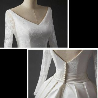 Vintage Satin Wedding Dresses A - Line V - Neck Long Sleeves Bridal Wedding Gowns