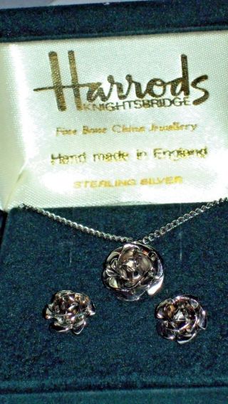 Vintage Harrods Rose Sterling Silver Necklace & Earring Set - Roses