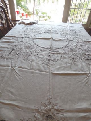 Vintage Cut Work & Lace Round Bnaquet Table Cloth & 12 Napkins Acro Linen Set