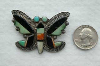 Vintage Zuni - Sterling Silver & Multi - Inlay Stones - Butterfly Pin - Unsigned