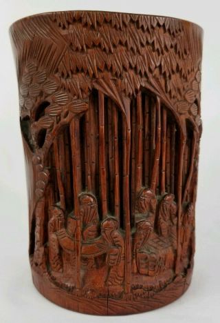 Vintage Chinese Carved Bamboo Wood Brush Pot Bitong Vase Figures 6 3/8