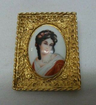 Vintage Hattie Carnegie Gold Frame Limoges Porcelain Painted Lady Portrait Pin