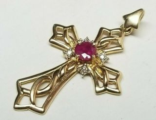 14k Gold Ruby & Diamonds Religious Cross Crucifix Necklace Pendant 1.  8g 1.  3 " Jcm