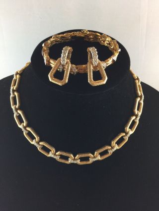 Panetta Vtg Signed Gold Rhinestone Necklace/bracelet And Clip Earrings