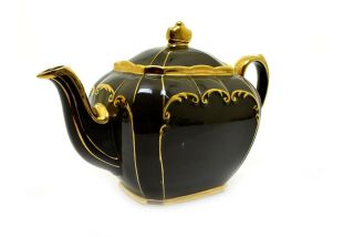 Vintage Sadler England Porcelain Cube Teapot Brown & Gold Trim Rare