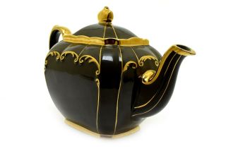 Vintage Sadler England Porcelain Cube Teapot Brown & Gold Trim RARE 2