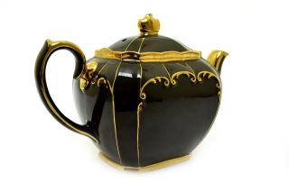 Vintage Sadler England Porcelain Cube Teapot Brown & Gold Trim RARE 3