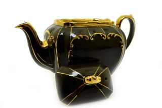 Vintage Sadler England Porcelain Cube Teapot Brown & Gold Trim RARE 5