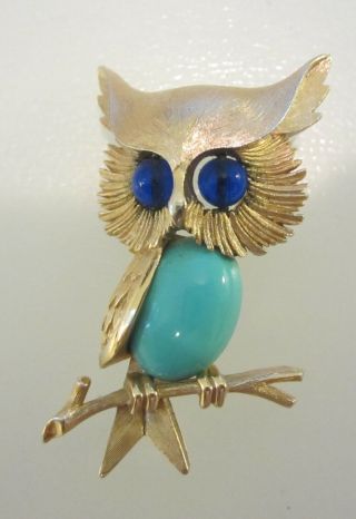 Trifari Crown Signed Turquoise Belly Owl Brooch