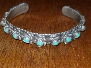 Vtg 1940s Mexican Sterling Silver & Turquoise Rose Flower Petal Cuff Bracelet A,