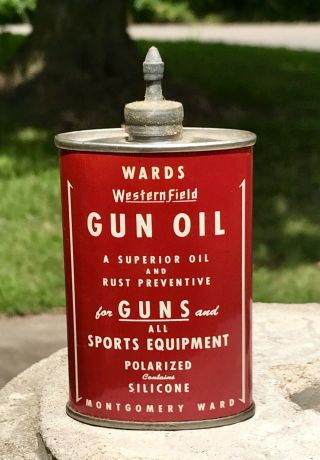 Vintage Wards Western Field Gun Oil Tin Can Brilliant Red W/ Bold White Letters