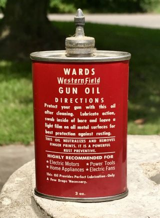 Vintage Wards Western Field Gun Oil Tin Can Brilliant Red W/ Bold White Letters 2