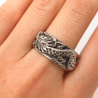 925 Sterling Silver Vintage Chinese Dragon Design Band Ring Size 10 3/4