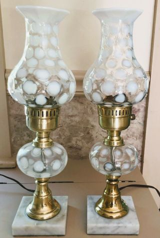 2 Vintage Fenton Art Glass Lamps French Opalescent Bubble Coin Dot Mid Century