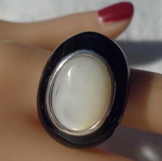 Italian Pk Sterling Ring W,  Black Onyx And Mop Inlay In Sterling S - 8