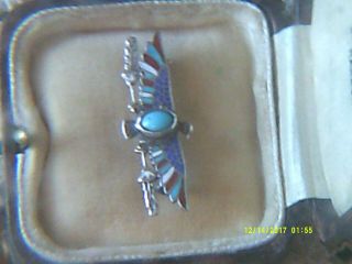 Art Deco Egyptian Revival Sterling Sil,  Enamel,  Turquoise Bird Brooch,  Antique Box