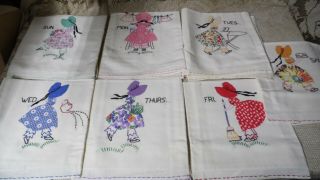 Vintage Handcrafted Sunbonnet Sue Embroidered Patchwork Tea Towels 7 Days