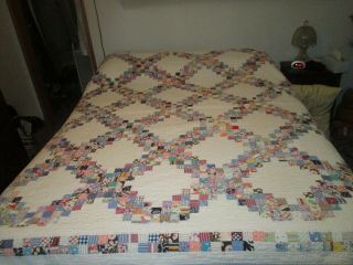 Vintage Hand Made Hand Stitched Quilt 84 X 76 Multi Color Blocks On White 3993