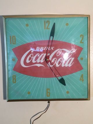 Vintage 1960`s Drink Coca - Cola Fishtail Advertising Clock.  Soda Sign