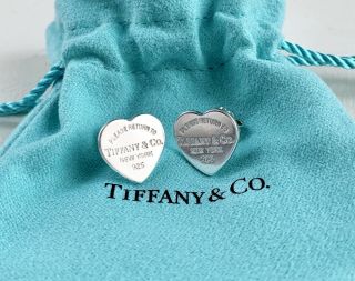 Rare Return To Tiffany & Co.  Silver Medium 1/2 " Heart Earrings Studs Box Pouch
