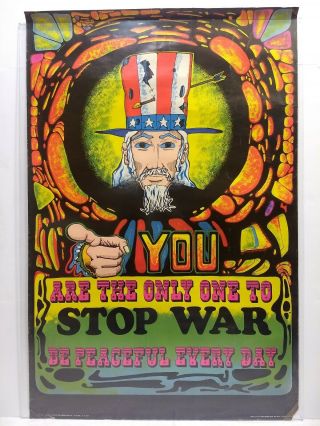 Vintage 1970 Anti - War Psychadelic Blacklight Hippie Poster Uncle Sam Be Peaceful