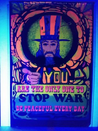 Vintage 1970 Anti - War Psychadelic Blacklight Hippie Poster Uncle Sam Be Peaceful 7