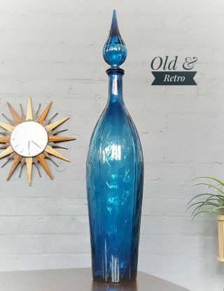 Xl,  Vintage Mid - Century Empoli Italian Style,  Blue Glass Genie Bottle & Stopper