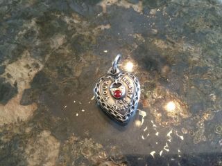 Antique Vtg Sterling Puffy Heart Charm " Your Heart For Keeps " W Lock & Red Stone