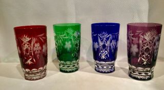4 Vintage Nachtmann Traube? Bohemian Cut To Clear 5 1/4” Colored Glass Tumblers