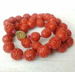 Vtg Floral Carved Red Cinnabar Bead Knotted Necklace Filgree Clasp